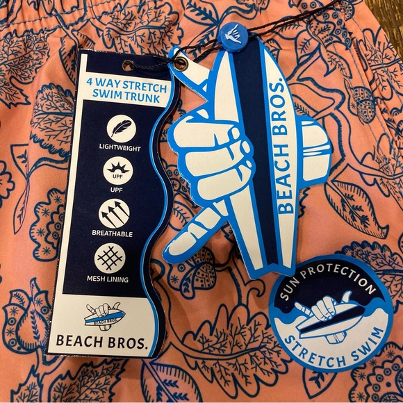 Men’s M Swim Trunks Beach Bros NWT 4 Way Stretch Leafy Floral Tangerine - Picture 4 of 14